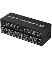 HDMI + DisplayPort KVM Switch 4 Computers 2 Monitors with 3 USB3.0 Ports, 4K@60Hz Dual Monitor KVM Switch 4 Port for 4 PCs Share 2 Monitors, Support Button Switch,Adaptive EDID, 4 in 2 Out