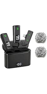 Wireless Microphone for iPhone Android with Charging Case - USB C Lavalier Phone Microphone for Video Recording Noise Cancelling Clip On Mini Mics Intuitive Battery Display