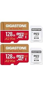 GIGASTONE 128GB 2-Pack Micro SD Card, 4K Video Pro, Compatible with GoPro, Security Camera, Dash cam, Drone, 95MB/s MicroSDXC Memory Card UHS-I V30 Class 10, with 2 SD Adapter