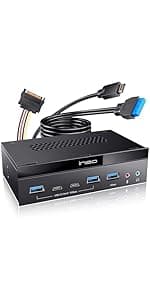 ineo 5.25" 10Gbps USB 3.2 Front Panel Card Reader with Audio Ports - SD/microSD Internal Reader, USB3.2 Type-E Key-A 20-Pin & USB3.0 Header, 15-Pin SATA Power[3570I]