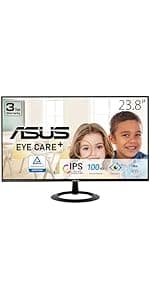 ASUS Eye Care 23.8” 1080P Gaming Monitor (VY249HF-W) – Full HD, IPS, 100Hz, IPS, SmoothMotion, 1ms, Adaptive Sync, Eye Care Plus Technology, Blue Light Filter, Flicker Free, 3 yr Warranty