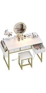 Lufeiya 40 inch Computer Desk with 4 Fabric Drawers, Kids Student Reversible Small Desks for Home Office Small Space, Work PC Desk Table for Bedroom, Rustic Brown