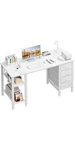 Lufeiya White Computer Desk with LED Lights and Power Outlets, 40 Inch Home Office Desks with Monitor Stand, Teen Writing Study Table Gaming Desk with Charging Station, White