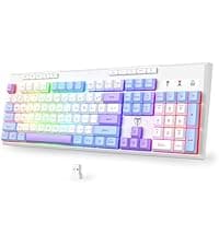RisoPhy Gaming Keyboard, 104 Keys All-Metal Panel, Rainbow LED Backlit Silent Computer Keyboard, Wrist Rest, Multimedia Keys, Anti-Ghosting, Waterproof Light Up Wired Keyboard for PC Mac Gamer