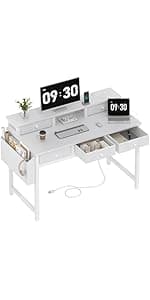 Lufeiya White Computer Desk with LED Lights and Power Outlets, 40 Inch Home Office Desks with Monitor Stand, Teen Writing Study Table Gaming Desk with Charging Station, White