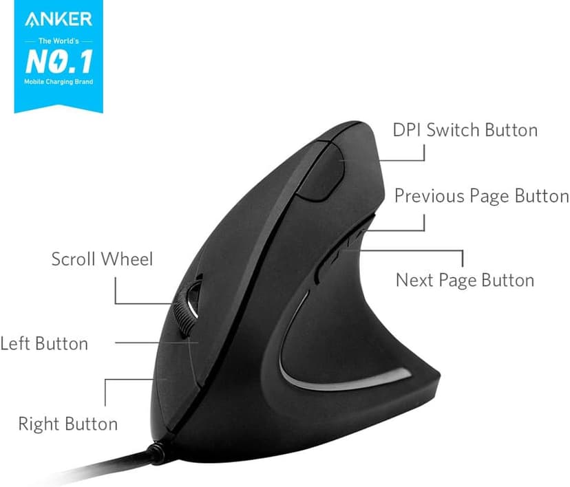 Anker Ergonomic Optical USB Wired Vertical Mouse 1000/1600 DPI, 5 Buttons CE100
