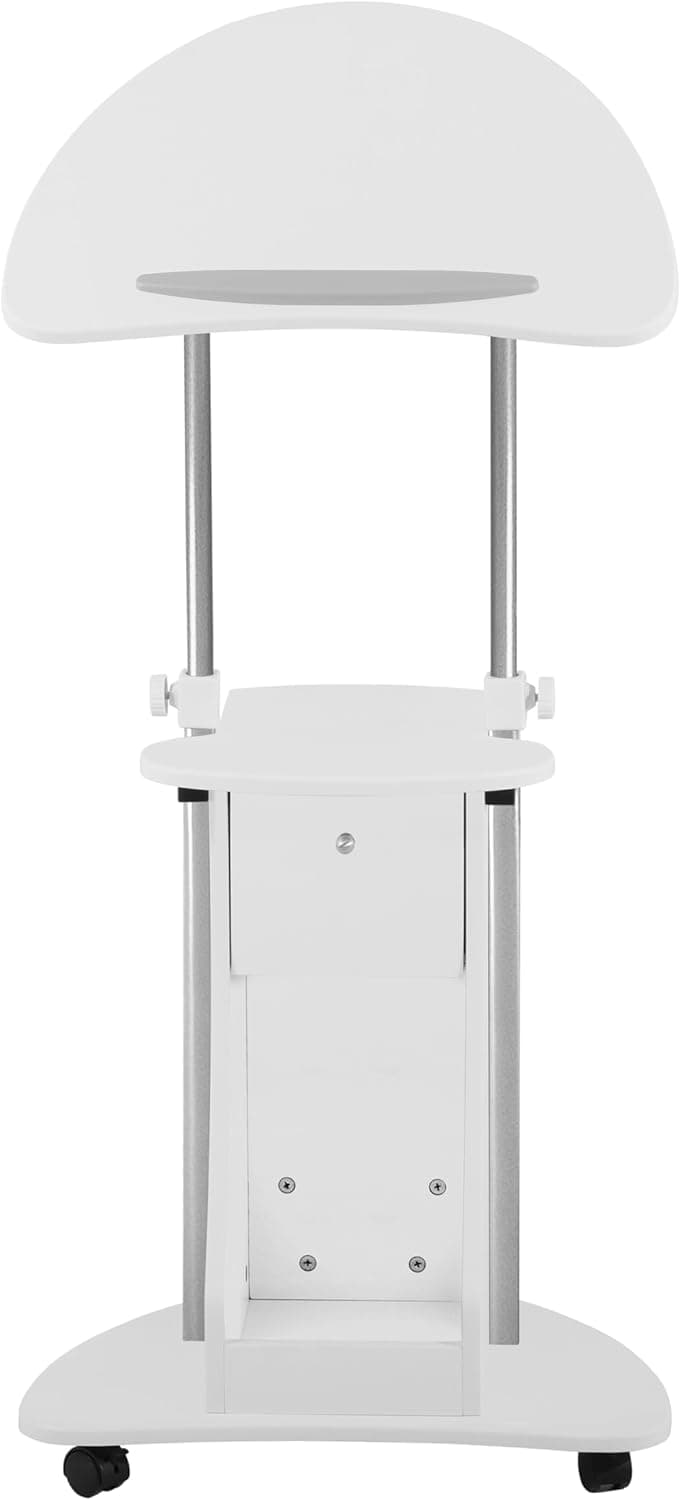 Techni Mobili Adjustable Height Rolling Laptop Cart with Storage, Sit to Stand Desk with Wheels, Podium Stand or Medical Cart, White