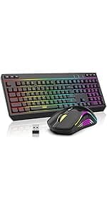 RedThunder K10 Wireless Gaming Keyboard and Mouse Combo, LED Backlit Rechargeable 3800mAh Battery, Mechanical Feel Anti-ghosting Keyboard + 7D 3200DPI Mice for PC Gamer (Black)