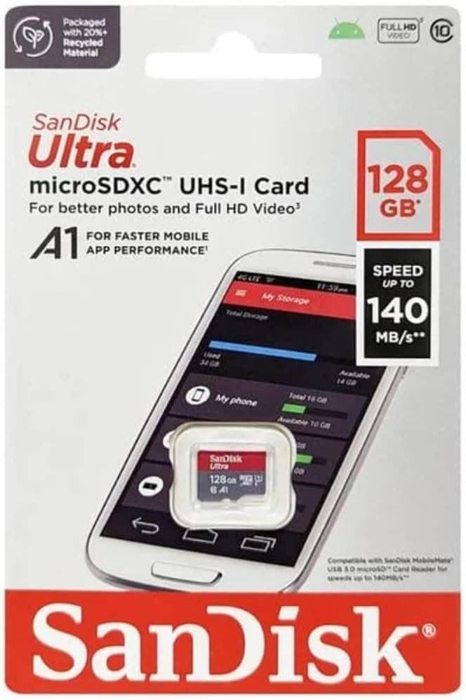 SanDisk 128GB Ultra microSDXC UHS-I Memory Card - Up to 140 MB/s, C10, U1, Full HD, A1, Micro SD Card - SDSQUAB-128G-GN6MN