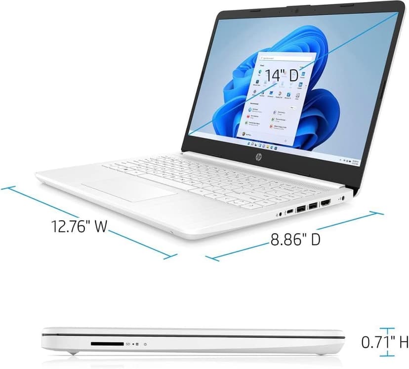HP Portable Laptop, Student and Business, 14" HD Display, Intel Quad-Core N4120, 8GB DDR4 RAM, 64GB eMMC, 1 Year Office 365, Webcam, SD Card Reader, HDMI, Wi-Fi, Windows 11 Home, White, KKE Mousepad