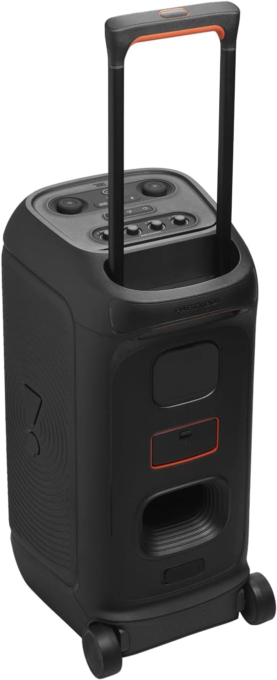 JBL PartyBox Stage 320 - Portable Party Speaker with Telescopic Handle & Wide, Sturdy Wheels, Powerful JBL Pro Sound, Futuristic lightshow, Up to 18 Hours of Play time, Splash Proof (Black)