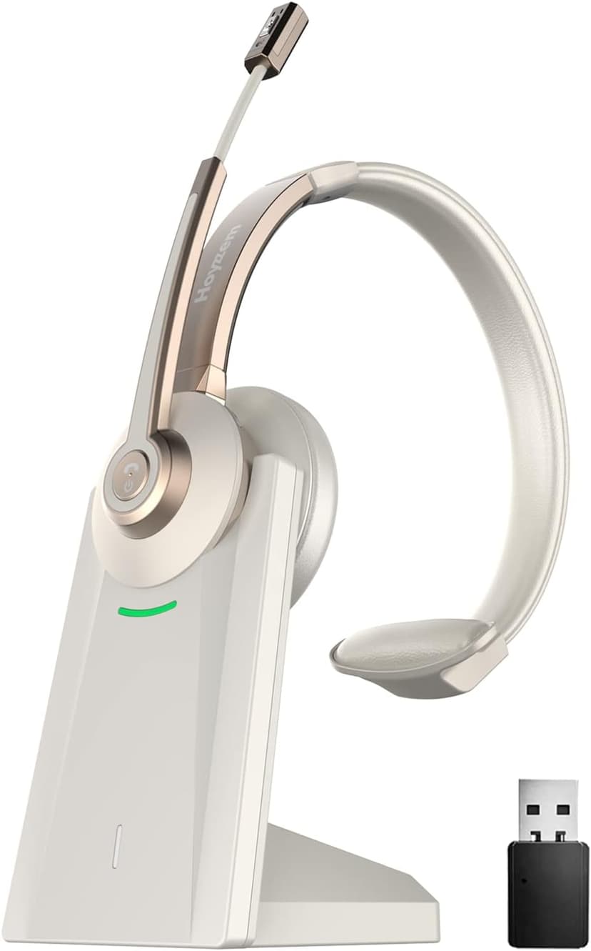 Bluetooth Headset, Wireless Headphones with Microphone Noise Canceling & USB Dongle, V5.0 Trucker Bluetooth Headset with Mic Mute & Charge Dock for PC/Laptop/Phone/Meeting/CallCenter/Office Gold