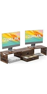 Zimilar Dual Monitor Stand Riser, Monitor Stand with Adjustable Length and Angle, Wood Monitor stand for desk, Monitor Riser for 2 monitors with Storage Space(Rust Brown Large)