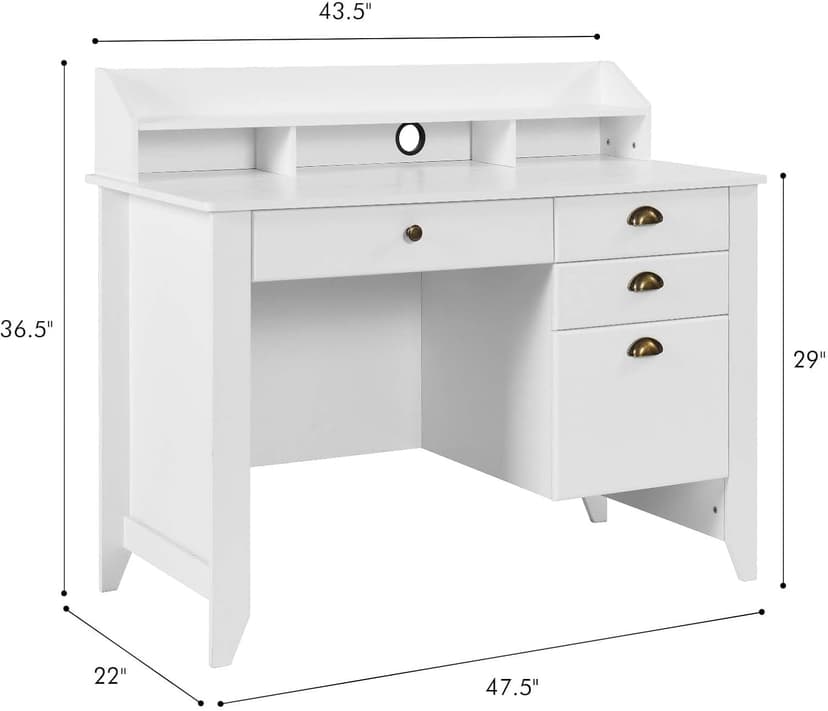 Catrimown Computer Desk with Drawers and Hutch, 47 Inch Home Office Desk with File Drawers, Student Girls Desks, Teens Writing Table with Hutch, Small Desk with Drawer for Bedroom, White