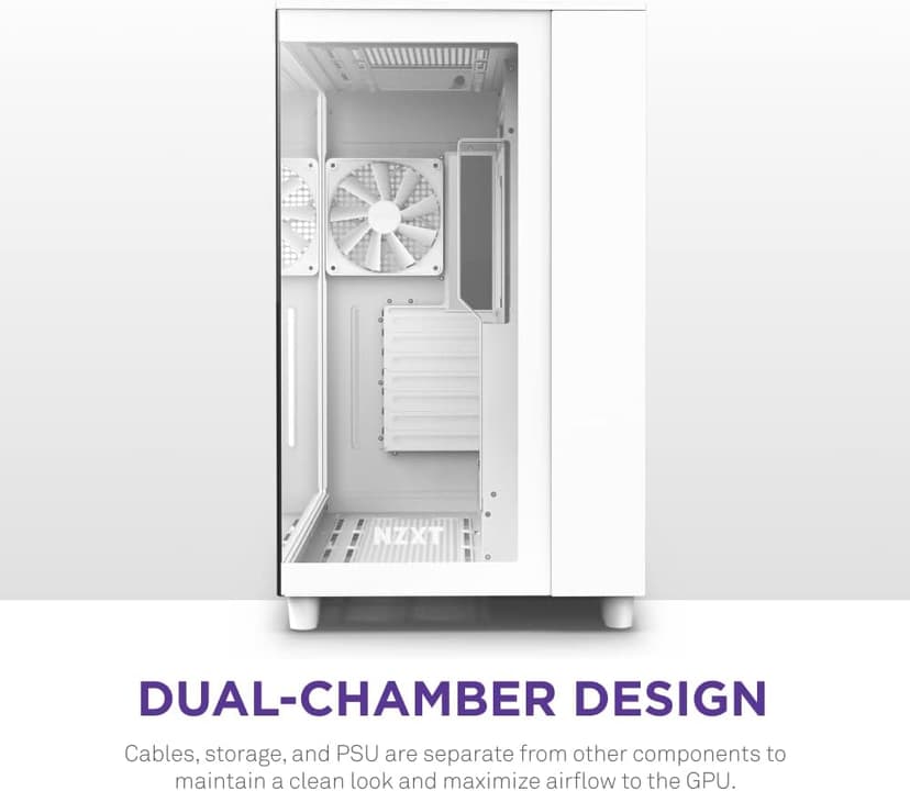 NZXT H9 Flow Dual-Chamber ATX Mid-Tower PC Gaming Case – High-Airflow Perforated Top Panel – Tempered Glass Front & Side Panels – 360mm Radiator Support – Cable Management – White
