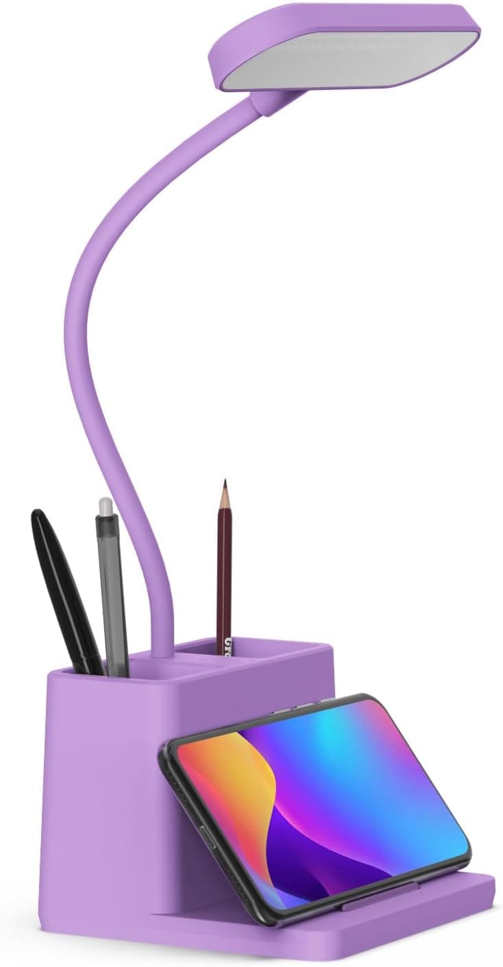 AXX Cute Purple Desk Lamp, Rechargeable Study Table Light for Home Office, Small, Battery Operated, LED, Flexible Gooseneck, Mini, Cordless, College Dorm Room Desktop Accessories for Teen Girls