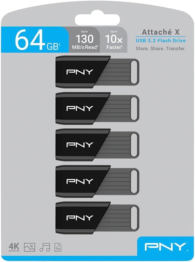 PNY 64GB Attaché X USB 3.2 Gen 1 Flash Drive, Advanced Performance Up to 130MB/s Read, Everyday Data Store & Transfer, Reliable Portable Storage, Durable, Type-A, Computers, Laptops, Desktops, 5-Pack