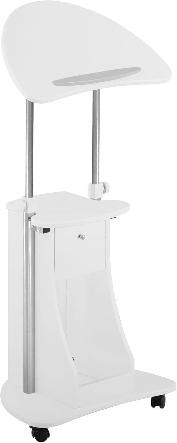 Techni Mobili Adjustable Height Rolling Laptop Cart with Storage, Sit to Stand Desk with Wheels, Podium Stand or Medical Cart, White