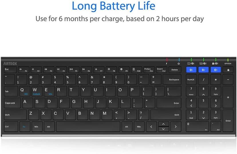 Arteck HB193 Universal Bluetooth Keyboard Multi-Device Stainless Steel Full Size Wireless Keyboard for Windows, iOS, Android, Computer Desktop Laptop Surface Tablet Smartphone Rechargeable Battery