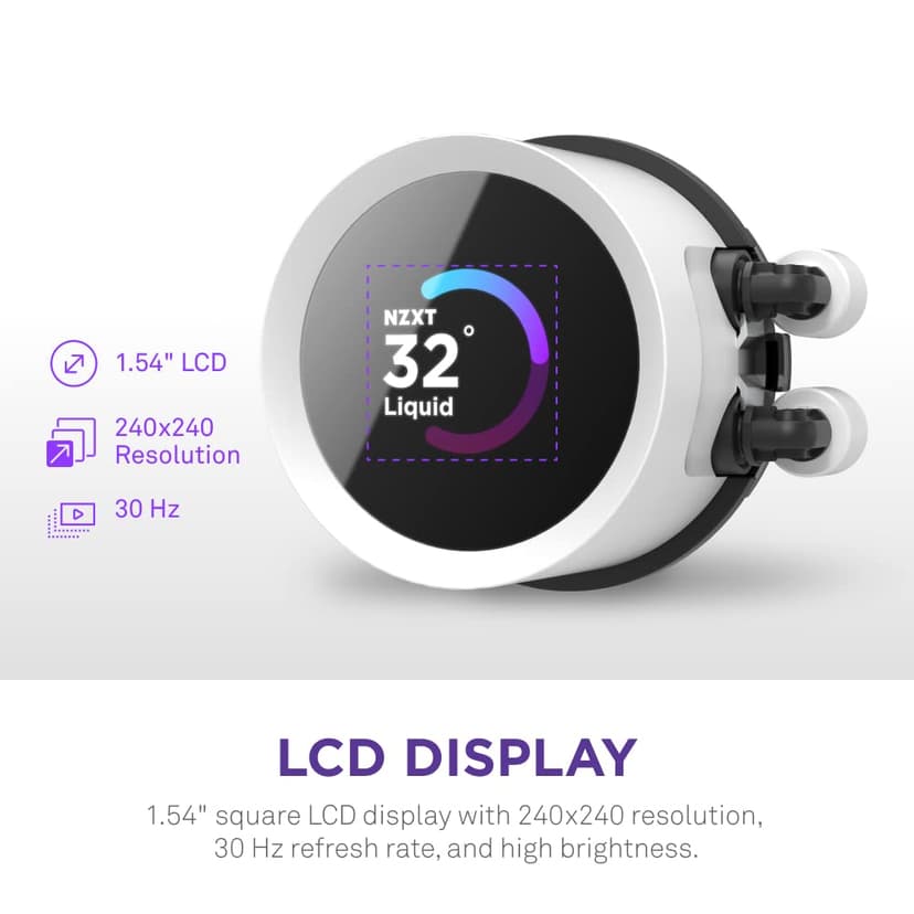 NZXT Kraken 240 RGB - 240mm AIO CPU Liquid Cooler - Customizable 1.54"" Square LCD Display for Images, Performance Metrics - High-Performance Pump - 2 x F120 RGB Core Fans - White