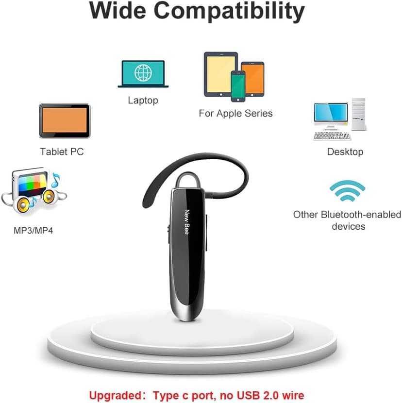 New bee Bluetooth Earpiece V5.0 Wireless Handsfree Headset with Microphone 24 Hrs Driving Headset 60 Days Standby Time for iPhone Android Samsung Laptop Trucker Driver (Black)