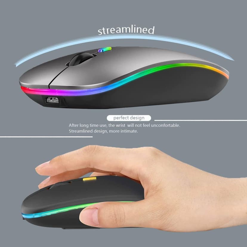 Wireless Bluetooth Mouse Rechargeable Laptop Mice with LED Lights Silent Slim Use(BT5.2 and 2.4G Portable USB) Dual Mode Computer Mouse for Laptop/iPad/Tablet/Apple/Computer/Mac (Grey)