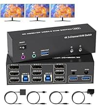 HDMI + DisplayPort KVM Switch 4 Computers 2 Monitors with 3 USB3.0 Ports, 4K@60Hz Dual Monitor KVM Switch 4 Port for 4 PCs Share 2 Monitors, Support Button Switch,Adaptive EDID, 4 in 2 Out