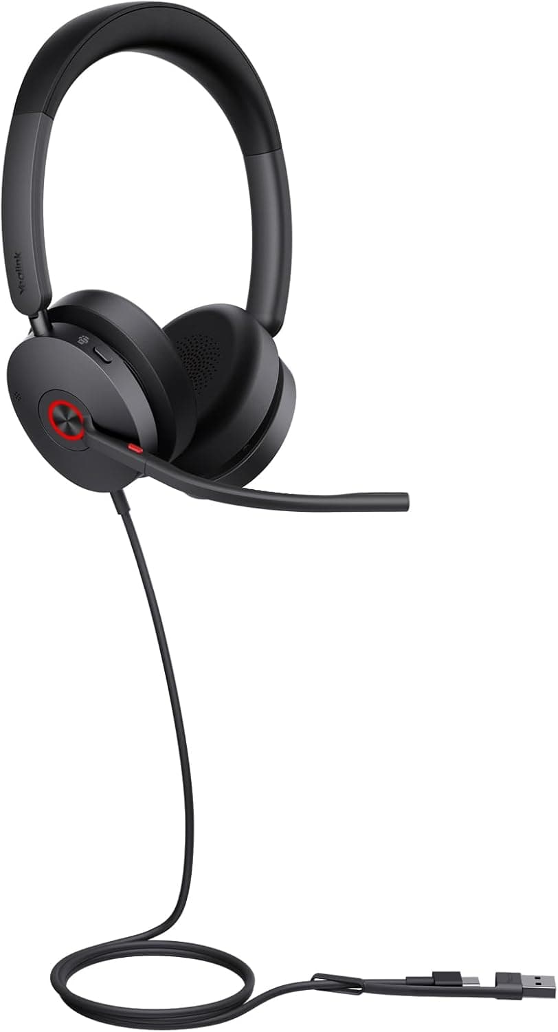 Yealink UH48 ANC Wired Headset with Microphone, Active Noise Cancelling USB Headphones for PC, MS Teams Certified Works with All Other Call Platforms, USB-A or USB-C Connectivity, Mute Button