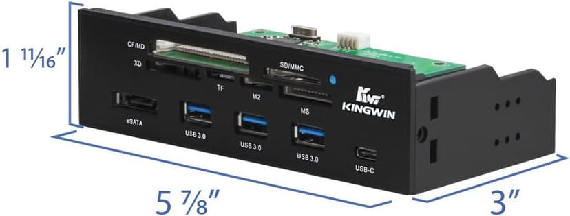 Kingwin Powered USB Hub 3.0 w/ 1 USB-C Port, SD Card Reader & Micro SD Card Reader - Sata Power Port w/Lightning Speed Data Transfer Up to 5Gbps - 5.25" Computer Case Front Bay, black (KW525-3U3CR)