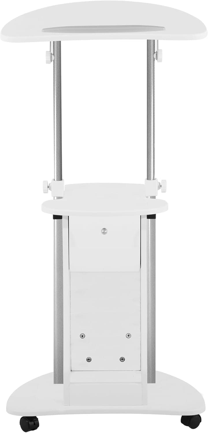 Techni Mobili Adjustable Height Rolling Laptop Cart with Storage, Sit to Stand Desk with Wheels, Podium Stand or Medical Cart, White
