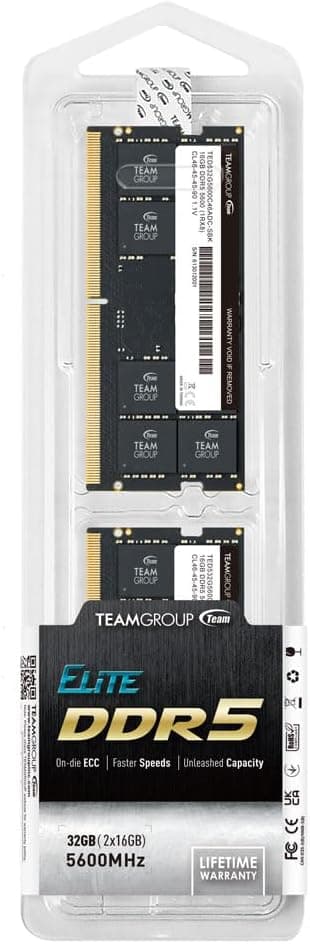 TEAMGROUP Elite SODIMM DDR5 32GB (2x16GB) 5600Mhz (PC5-44800) CL46 Non-ECC Unbuffered 1.1V 262 Pin Laptop Memory Module Ram - TED532G5600C46ADC-S01