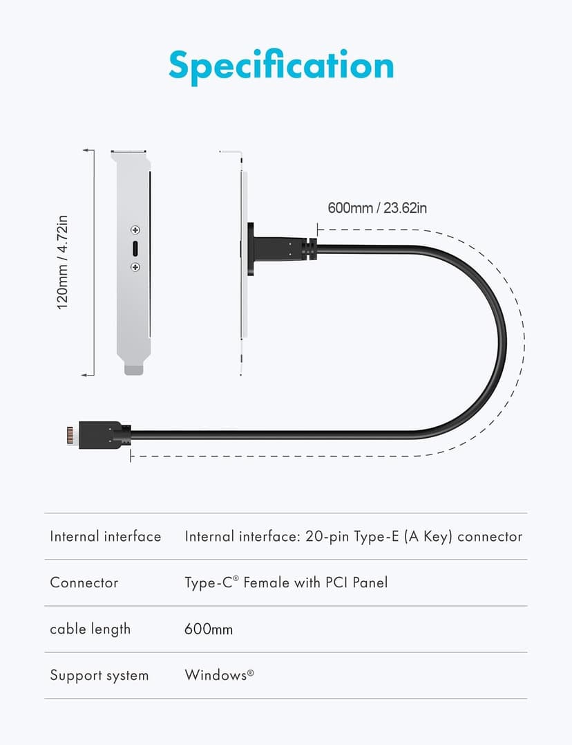 GRAUGEAR 20Gbps USB 3.2 Gen 2x2 USB-C Front Panel Type-C Adapter, Motherboard Header Extension Cable, USB-C to USB3.2 Type-E Key-A 20-Pin Connector with PCIe Bracket, 23.6 in [G-AD-ETC-10G]