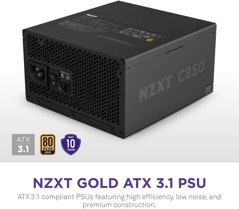NZXT C850 Gold ATX 3.1 - Fully Modular Low-Noise PC Gaming Power Supply - 850 Watts - 80 Plus Gold - 12V-2x6 Connector - Zero Fan Mode - 100% Japanese Capacitors - Black