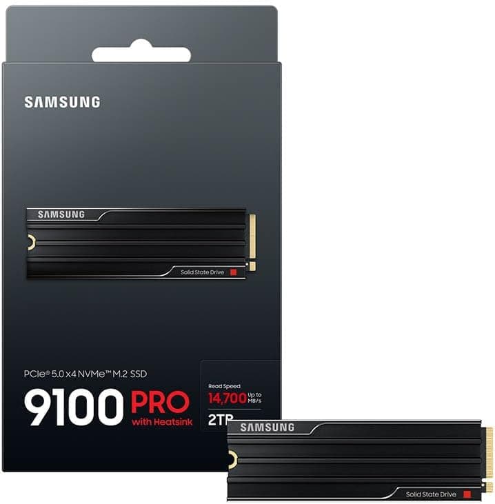 Samsung SSD 9100 PRO with Heatsink 2TB, PCIe 5.0x4 M.2 2280, Seq. Read Speeds Up to 14,800/13,400 MB/s, Best for AI Computing, Gaming, and Heavy Duty Workstations (MZ-VAP2T0CW)
