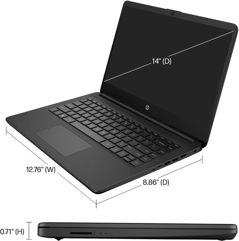 HP 14" HD (1366 x 768) Display Laptop, Intel Celeron N4120, 1.1GHz, 4GB Memory, 128GB eMMC, Windows 11 Home in S Mode, One Year Office 365 Included, Jet Black, 14-dq0761dx