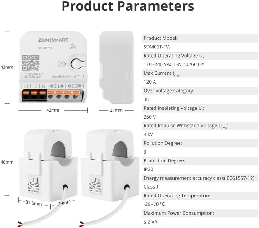 Smart Home Energy Monitor with 2 x 120A CTs, Real-Time Electricity Usage Monitor, Bi-Directional Power Tracking, Supports Single-Phase 3-Wire System, 2.4GHz Wi-Fi (WiFi Version)