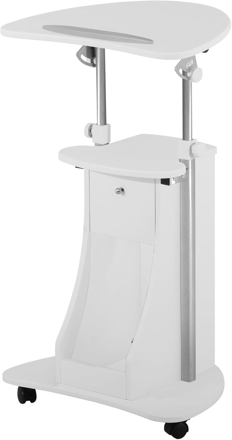 Techni Mobili Adjustable Height Rolling Laptop Cart with Storage, Sit to Stand Desk with Wheels, Podium Stand or Medical Cart, White