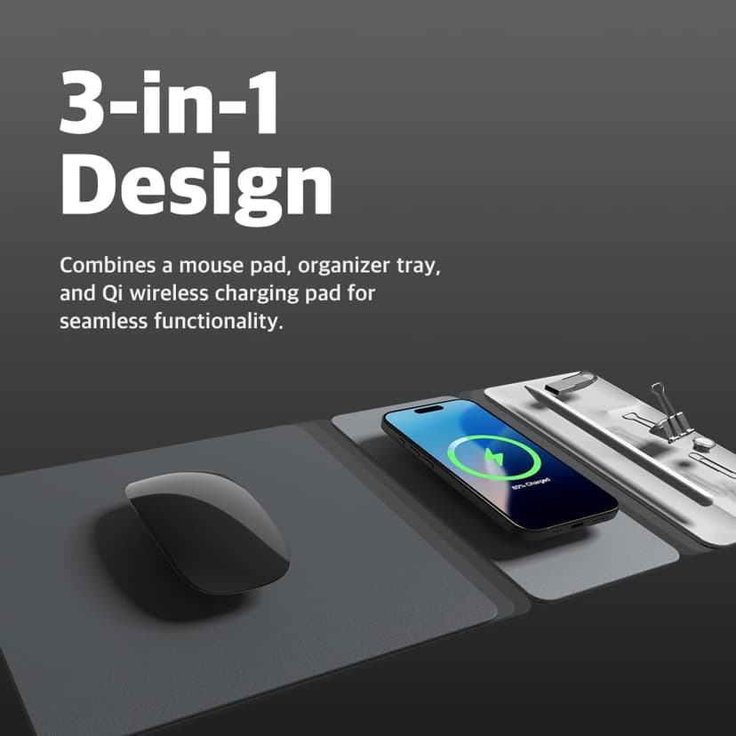 POUT H3 SplitMax 3-in-1 Wireless Charging Mouse Pad – Fast Qi Charger, Mousepad Mat, and Magnetic Tray Organizer – Compatible with Smartphones and Earbuds (Graphite Grey)