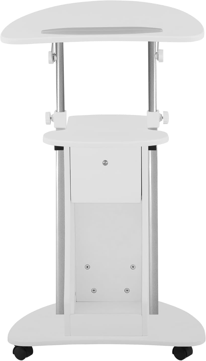 Techni Mobili Adjustable Height Rolling Laptop Cart with Storage, Sit to Stand Desk with Wheels, Podium Stand or Medical Cart, White