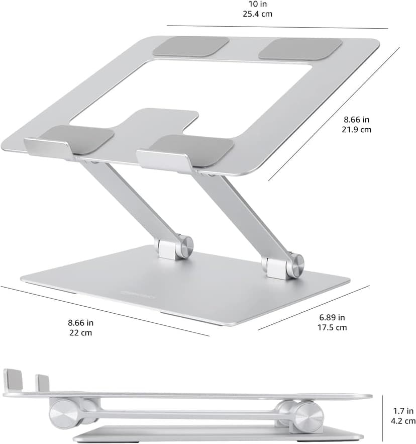 Amazon Basics Sturdy and Portable Ergonomic Laptop Stand for Desk, Adjustable Riser, Fits all Laptops and Notebooks up to 17.3 Inch, Silver, 10 x 8.7 x 6 in