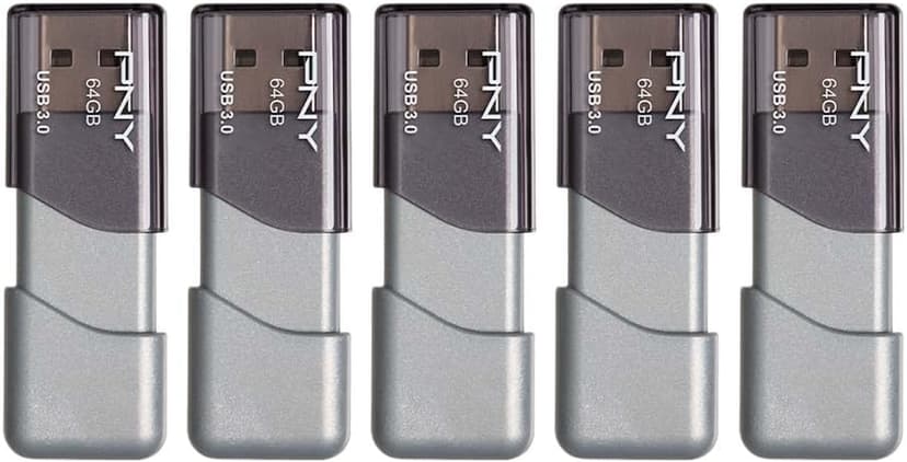 PNY 64GB Turbo Attaché 3 USB 3.0 Flash Drive, Silver (Pack of 5)