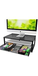 Simple Trending 2 Tier Metal Dual Monitor Stand Riser,Computer Office Desktop Organizer for 2 Monitors With 32"x10" Mouse Pad ,for Laptop,Printer,TV,Black