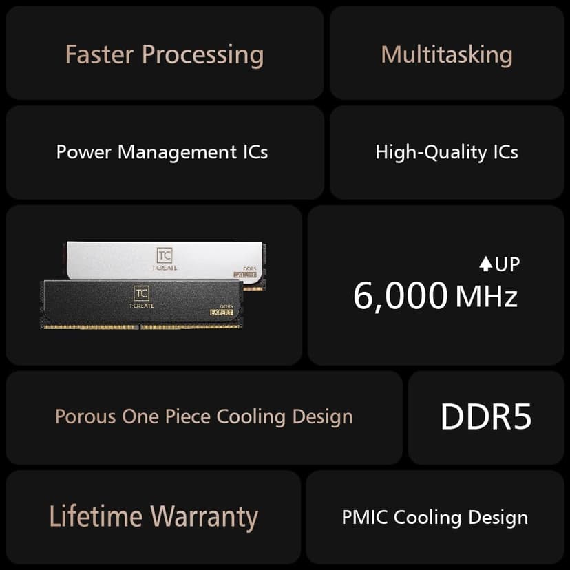 TEAMGROUP T-Create Expert CL30 Overclocking 10L DDR5 32GB Kit (2 x 16GB) 6000MHz (PC5-48000) Intel XMP 3.0 & AMD Expo Compatible Desktop Memory Module Ram Black - CTCED532G6000HC30DC01
