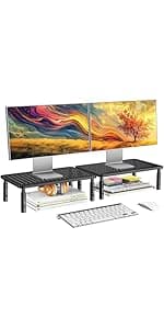 HUANUO Monitor Stand for Desk, Computer Monitor Stand Height Adjustable, Monitor Riser for 2 Monitors, Laptop Stand for Desk, 2 Pack, Black