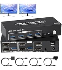 HDMI + DisplayPort KVM Switch 4 Computers 2 Monitors with 3 USB3.0 Ports, 4K@60Hz Dual Monitor KVM Switch 4 Port for 4 PCs Share 2 Monitors, Support Button Switch,Adaptive EDID, 4 in 2 Out