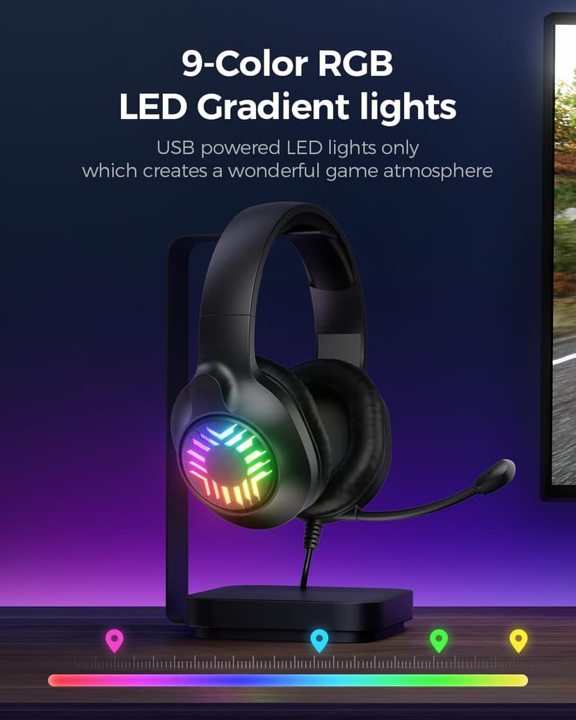 Stereo Gaming Headset, Wired Gaming Headphones Over Ear, Noise Cancelling Mic, 9 Colors Gradient RGB Ligh, Soft Memory Earmuffs for PC, Xbox One/Series PS5 PS4 Controllers, Nintendo (Black)