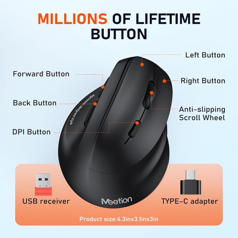 MEETION Ergonomic Mouse, Wireless Vertical Mouse RGB Backlit Rechargeable Mice for Bluetooth(5.2 + 3.0) & USB-A with USB-C Adapter 4 Adjustable DPI for Mac/Windows/Andriod/PC/Tablet/iPad Black