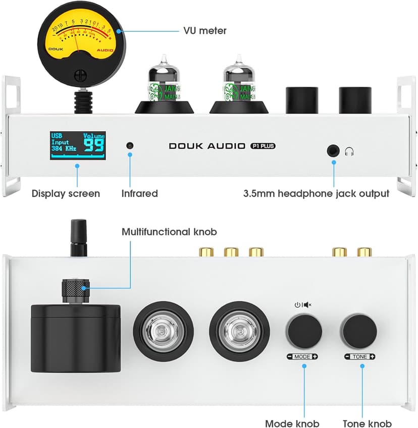 Douk Audio 2 Channel Bluetooth Vacuum Tube Preamp, Hi-Fi Headphone Amp, USB DAC PC Sound Card, Wireless Receiver Audio Preamplifier with VU Meter, Optical, Coaxial, APTX, LDAC, DSD256, Remote Control