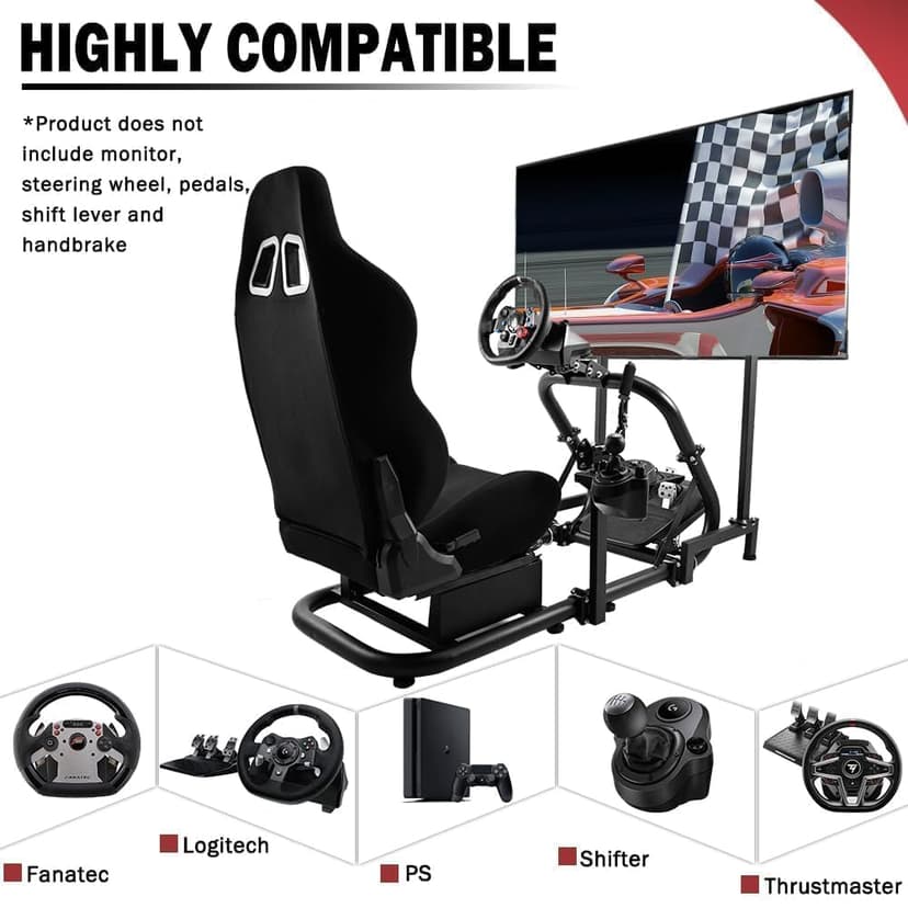 Supllueer Racing Sim Cockpit with Ergonomic Seat&Monitor Stand Fit for Logitech/Fanatec/Thrustmaster G27 G923 G920,50mm Large Round Tube Driving Simulator Stand, No Steering Wheel/Shift/Pedal/TV