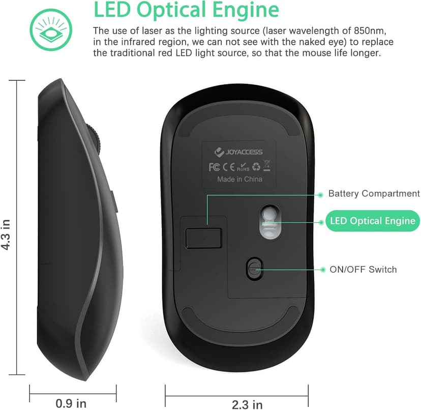 JOYACCESS Wireless Mouse, 2.4G Portable Slim Silent Computer Mouse Wireless with USB Nano Receiver, 2400 DPI, for Notebook, Laptop, PC - Black